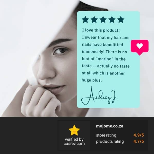 A close-up of a serene woman's face, overlaid with a customer testimonial praising the benefits of marine collagen powder for hair and nails, noting its tasteless quality. The image includes a rating of 4.7/5, underscoring customer satisfaction with the product